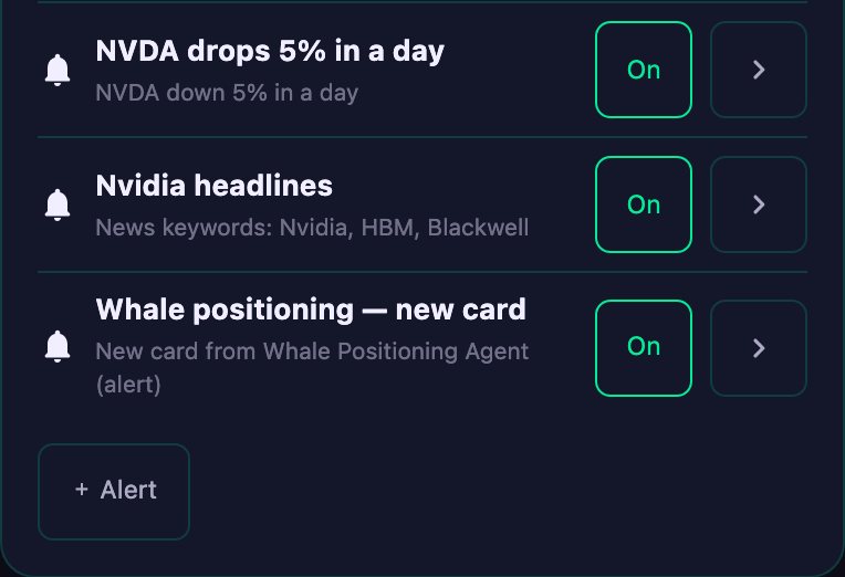 GSDAQ alert rules: a daily 5% price-move alert, a news keyword alert and an agent card alert, each switched on