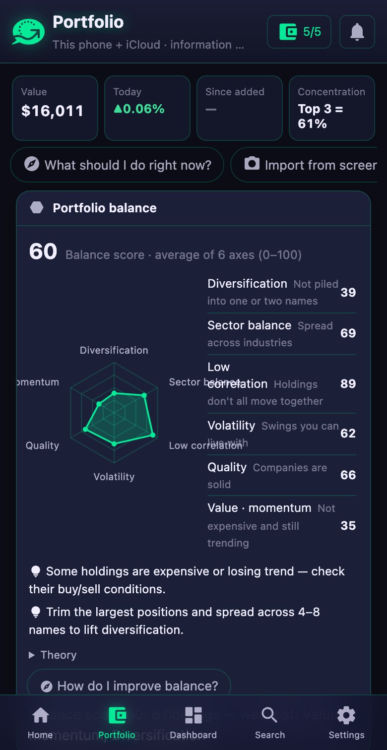 GSDAQ portfolio tab with balance score