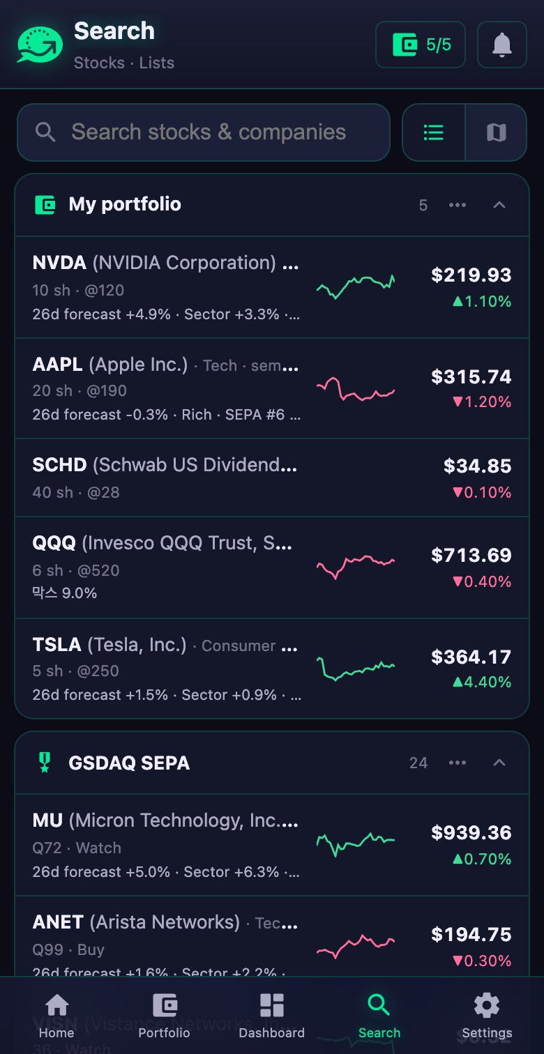 Portfolio list with forecasts and today's move